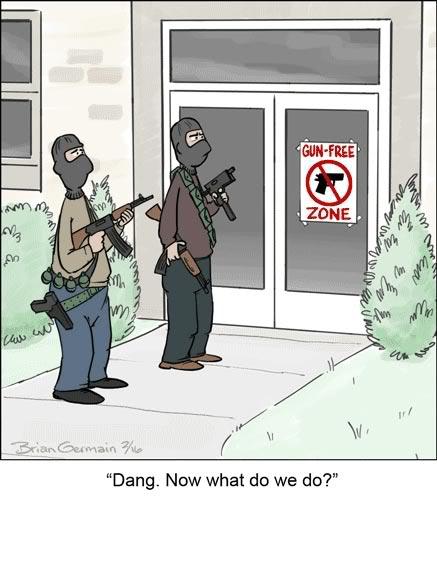 2000 Mercury Grand Marquis - Two individuals armed with firearms are deterred from entering a building due to a prominent 'Gun-Free Zone' sign.