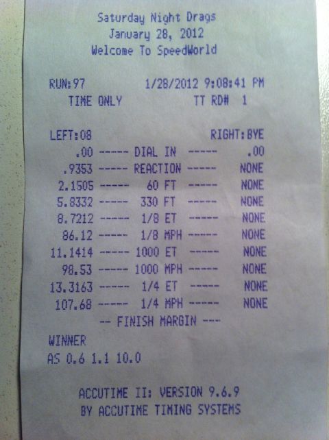 2010 Dodge Challenger - This time slip from Saturday Night Drags on January 28, 2012, details a run with a dial-in and various timing measurements.