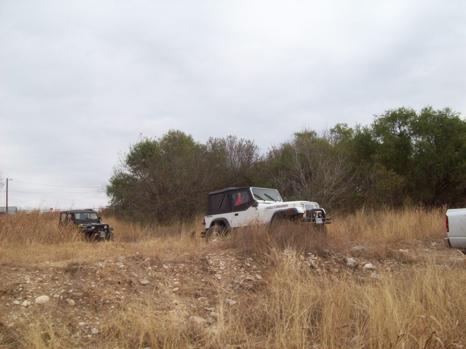 white Jeep Wrangler and black Jeep Wrangler in tall dry grass, cloudy day