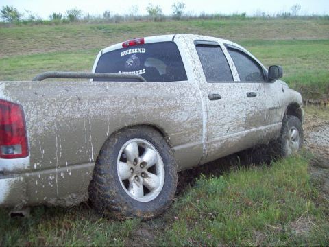 1989 Ford Bronco - White pickup truck is heavily covered in mud while stuck in a grassy, off-road area.