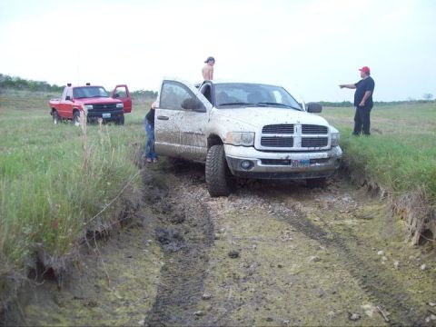 1989 Ford Bronco - Two pickup trucks are in a muddy field, with one appearing to be stuck.