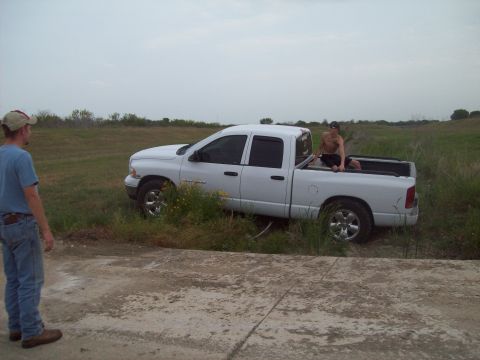 1989 Ford Bronco - A white pickup truck is parked in a grassy area with a man sitting in the truck bed.
