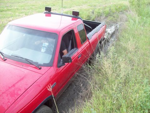 1989 Ford Bronco - A red pickup truck is stuck in the mud with tall grass on the side.