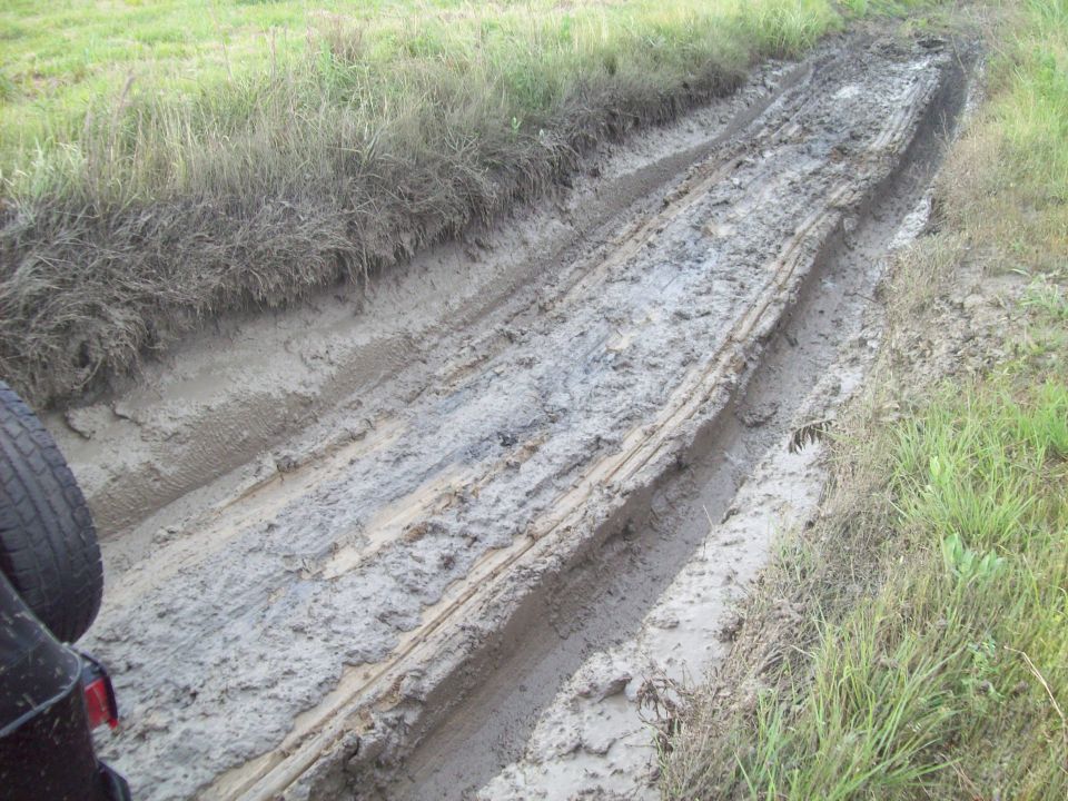 Muddy track with tire tread and grass. Supermotors.net logo visible
