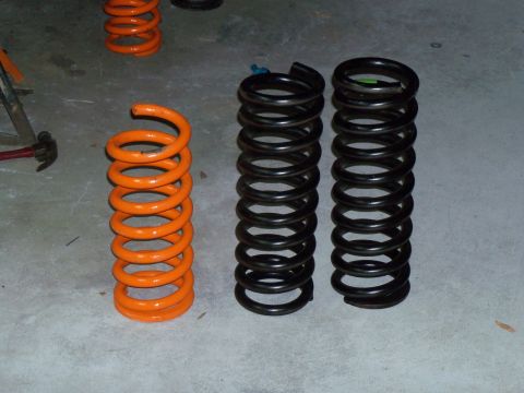 1979 Ford Ranchero - '75 Lincoln Mark IV front coil spring(Orange) cut a full 2 coils. New Moog 6446 Front coil springs on left. I cut coils to 15 in. free heig…
