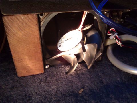 1992 Ford F-150 - A cooling fan with a visible gauge is mounted using wood and electrical wiring.