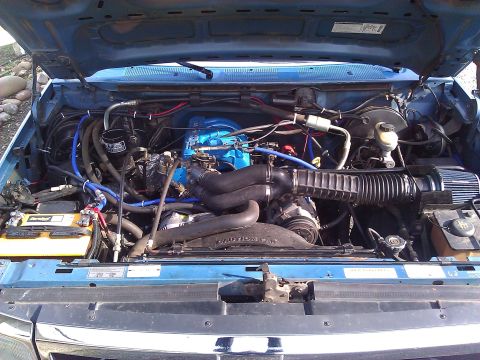 1992 Ford F-150 - The engine compartment of a blue truck is shown with the hood open, revealing the engine and various components.