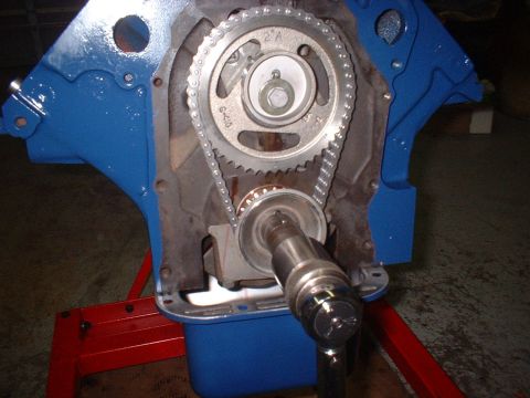 1969 Mercury Cyclone - Close-up view of an engine's timing chain and gears, with part number G-410 visible.
