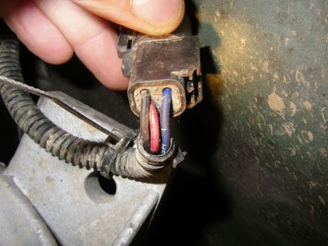 1990 Ford Bronco - Close-up of a vehicle's electrical connector with exposed red and blue wires being held by a hand.