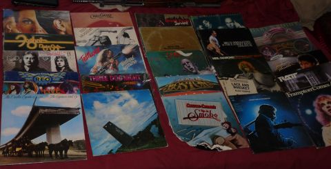 2006 Ford E350 - A variety of vinyl record album covers are displayed on a red surface.