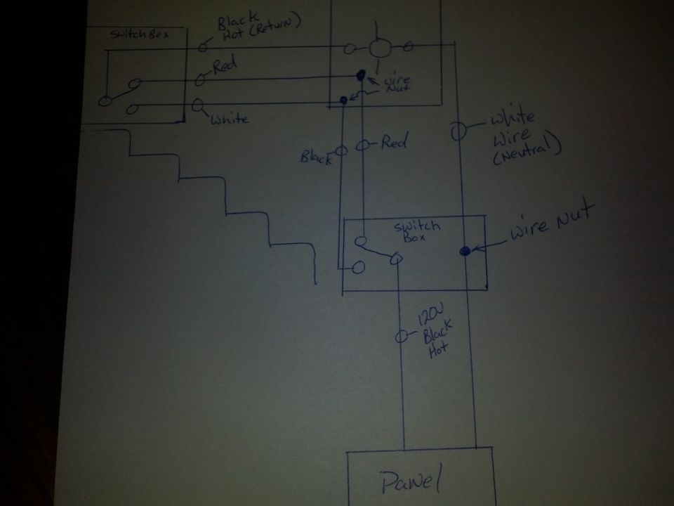 Hand-drawn switch wiring diagram with switch boxes, wire nuts and color-coded conductors