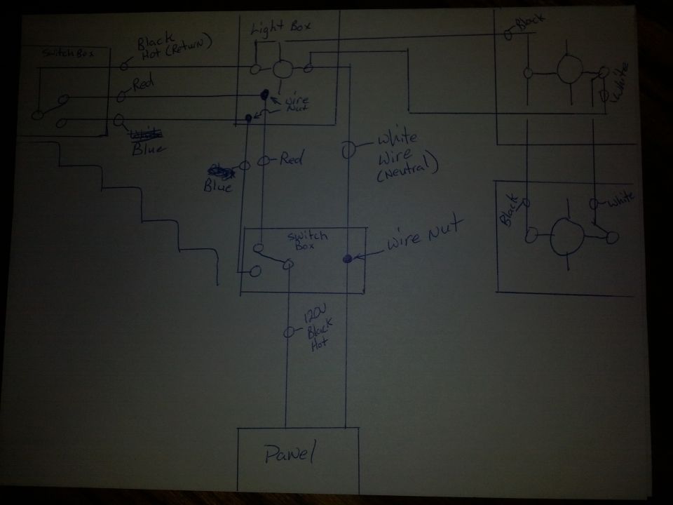 Hand-drawn wiring diagram with light box, multiple switch boxes and color-coded conductors
