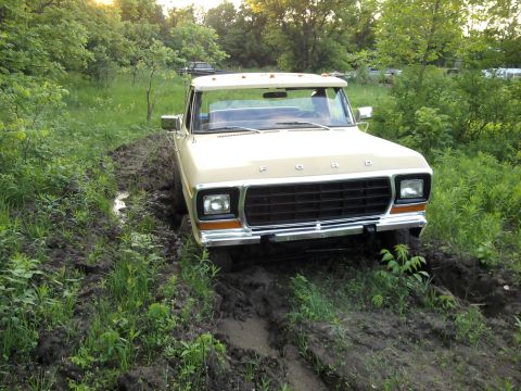 1978 Ford Bronco - A tan Ford F-Series truck is stuck in a muddy trail surrounded by greenery.