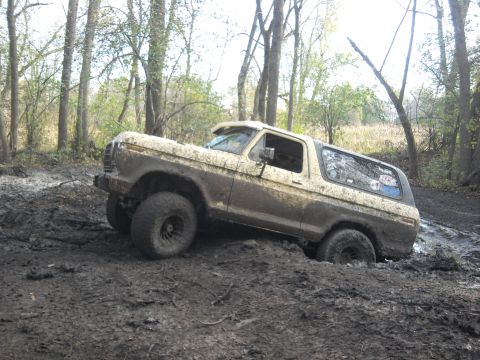 1978 Ford Bronco - This 1978 Ford Bronco is deep in the mud, with trees and foliage in the background.