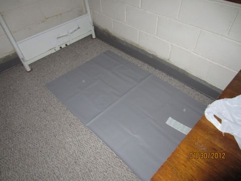 1979 Ford Bronco - A gray floor mat is placed on a carpeted floor, near a white metal rack and a wooden surface.