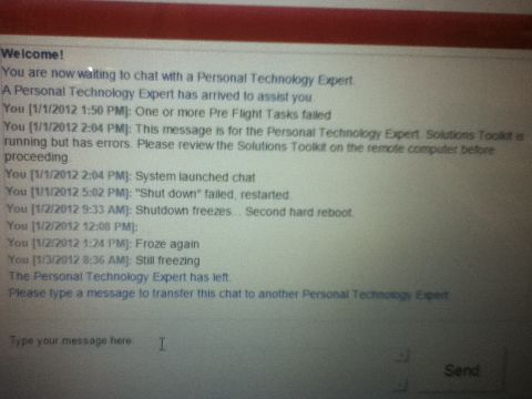 2006 Ford E350 - A chat log details a frustrating technical support session with multiple system failures and reboots.
