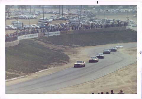 1973 Ford Mustang - Cars compete on a race track with a crowd watching from the stands and parked cars visible beyond.