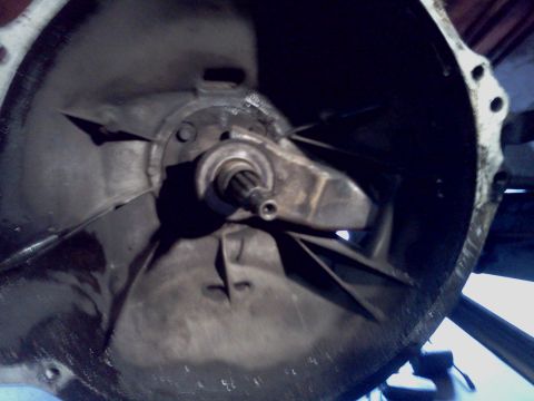 1968 Ford Bronco - Close-up view of a vehicle's clutch housing and input shaft, likely during an engine pull.