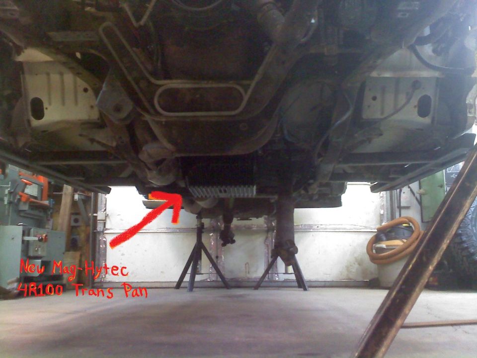 Underside view of vehicle showing new Mag-Hytec 4R100 trans pan