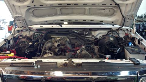 1996 Ford Bronco - The engine bay of a 1996 Ford Bronco is visible with the hood raised, revealing the engine and associated components.