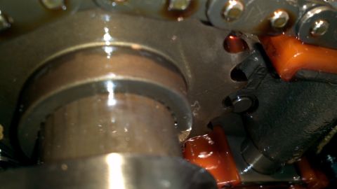 1996 Ford Taurus - Close-up of engine components, including a timing chain and gears, covered in oil.