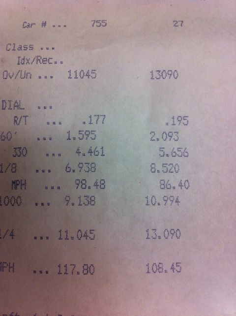 2010 Dodge Challenger - This document shows drag strip performance data for car number 755.