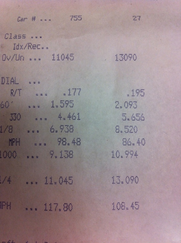 drag strip time slip with car number 755 and times for 60', 330, 1/8, 1000, 1/4, and mph