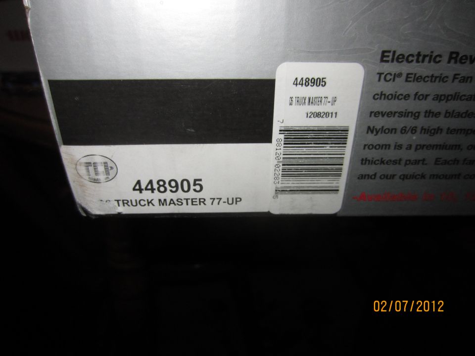 Part box labeled 448905 TRUCK MASTER 77-UP with barcode and TCI Electric Fan text