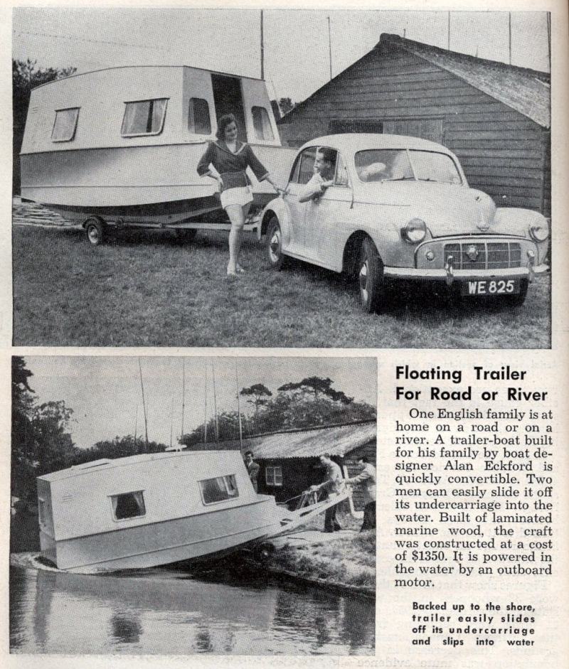 Woman by vintage car and trailerable boat, boat being launched into water.