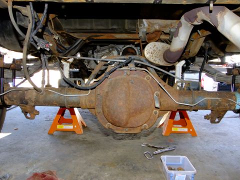 1995 Ford Bronco - The rear axle assembly of a vehicle is shown, supported by orange jack stands, with various suspension and exhaust components visible.