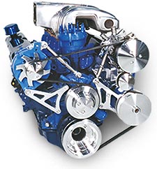 1990 Ford Bronco - Engine with a chrome supercharger and multiple polished pulleys.