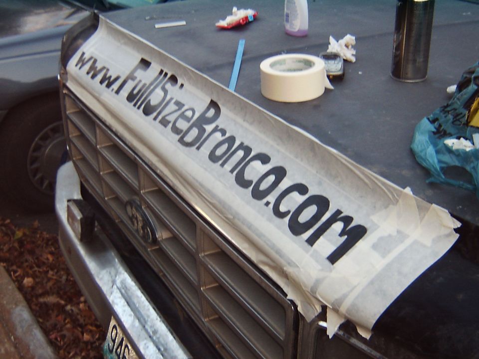 1982 Ford Bronco grille with masking tape applied for custom lettering