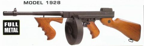 1991 Ford LTD Crown Victoria - Thompson submachine gun, Model 1928, is shown with a drum magazine and "FULL METAL" text.