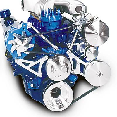 1990 Ford Bronco - A close-up view of a blue engine block polished chrome pulleys and drive belts.
