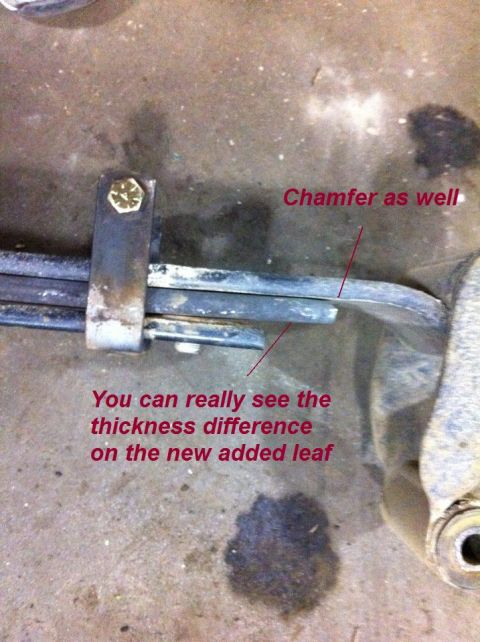 2010 Ford F-150 - Close-up view of a leaf spring modification, highlighting the thickness difference of an added leaf and its chamfered edge.