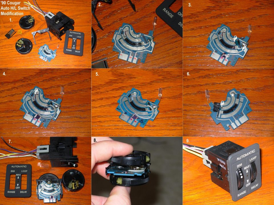 Nine-step photo guide for 1990 Cougar auto headlight switch modification