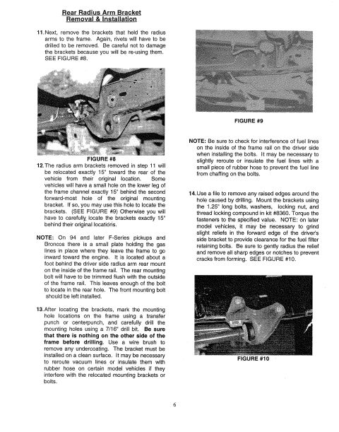 1993 Ford Bronco - Service instructions for removing and relocating rear radius arm brackets 15 inches toward the rear of the frame, drilling rivets, and torq…