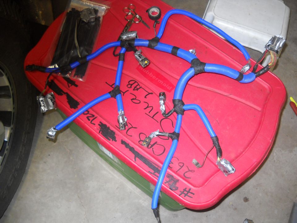 Blue wiring harness with connectors on a red plastic bin