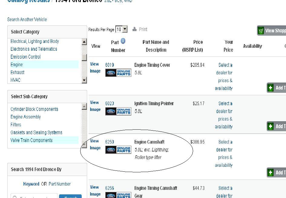 Screenshot of a parts catalog page for a 1994 Ford Bronco, showing engine parts like camshafts and timing covers