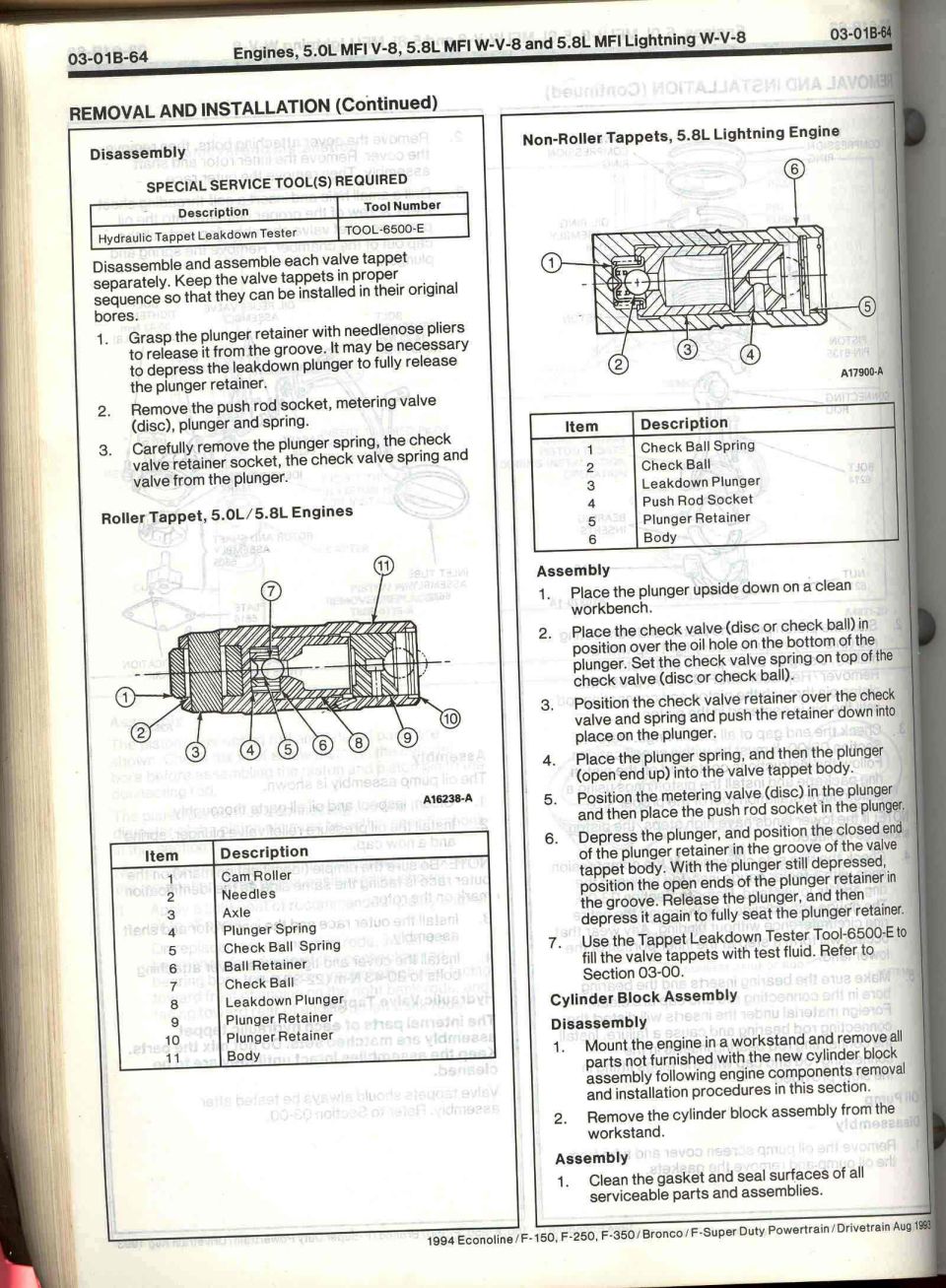 Shop manual page 03-01B-64 roller and non-roller hydraulic tappet cutaways with numbered parts lists