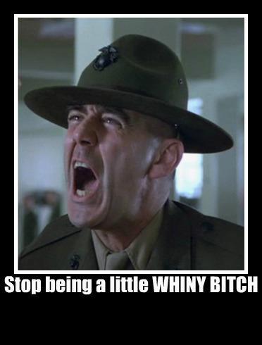 2000 Mercury Grand Marquis - A drill sergeant yells at someone, with text overlay reading 'Stop being a little WHINY BITCH'.