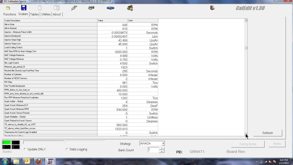 Computer screen showing CalEdit v1.30 software with engine tuning parameters listed