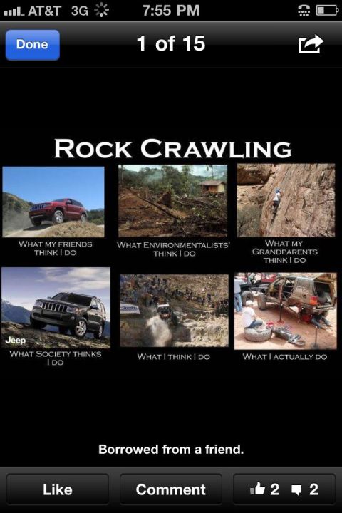1986 Ford Bronco - This meme humorously contrasts perceptions of rock crawling with the reality of vehicle maintenance.