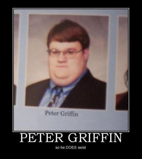 2000 Mercury Grand Marquis - A yearbook photo labeled 'Peter Griffin' is presented with a humorous caption.