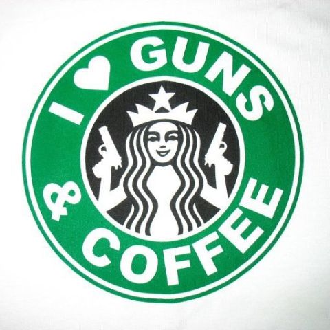 2000 Mercury Grand Marquis - A parody logo resembling Starbucks, with the text 'I love guns & coffee'.