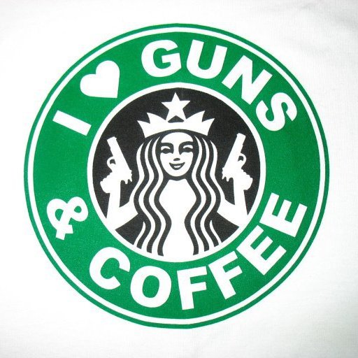 Logo with text 'I love guns & coffee' and a siren holding two guns