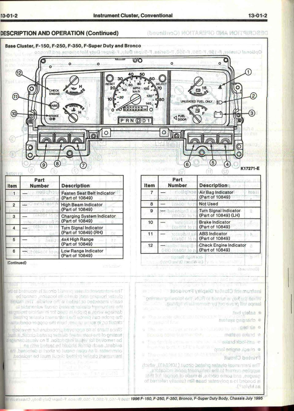 Base instrument cluster description and operation manual page with diagram and part-number table