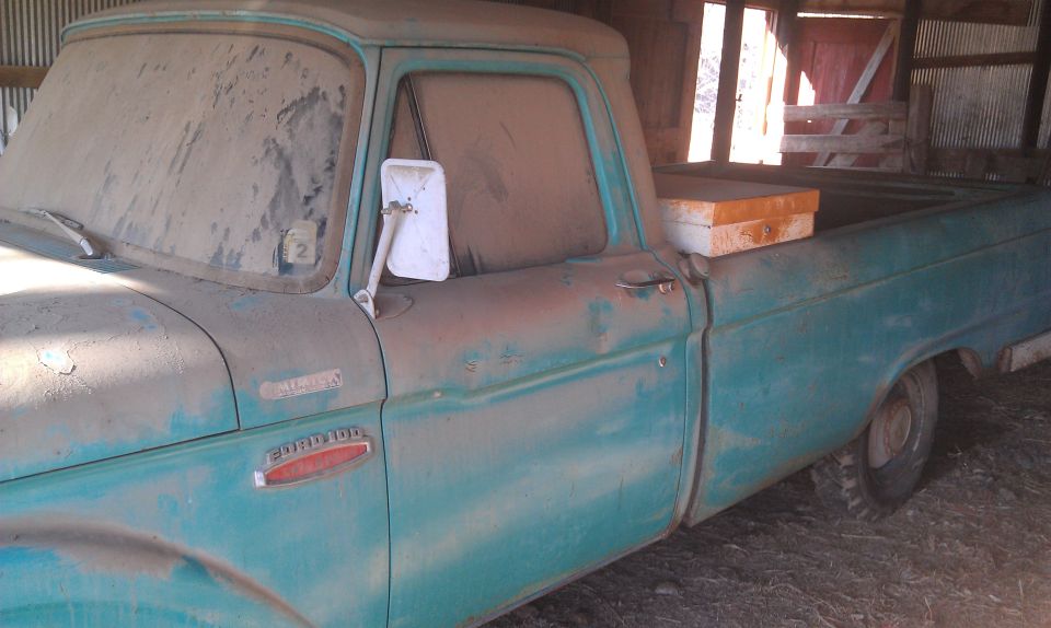 Dusty teal 1965 Ford F-100 pickup truck, side view, parked inside a barn