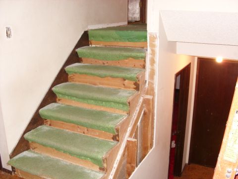 1988 Ford Bronco - Interior view of a staircase undergoing renovation, showing exposed wooden steps and green carpet padding.