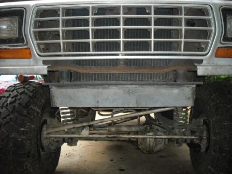 1979 Ford F-150 - Front view of a 1979 Ford F-150 showing its grille, radiator, and suspension components.